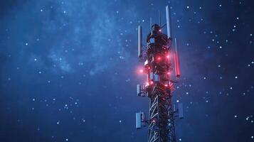 Nighttime view of a communication tower illuminated by lights against a starry sky photo