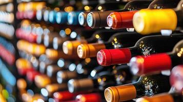Wine bottles arranged on a display shelf in a store or restaurant during daylight hours photo