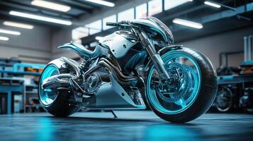 Sleek custom motorcycle in a well-lit workshop showcasing innovative design elements photo