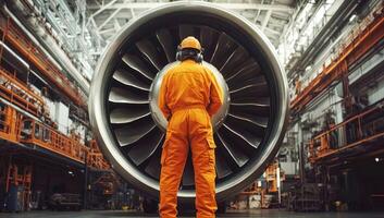 Technician examines aircraft engine in large industrial facility during daytime work shift photo