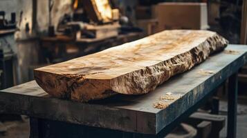 Longitudinal slab of valuable wood species on a workbench in a carpentry workshop photo