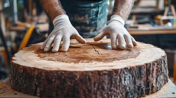 Hands of a carpenter in a workshop on a round cut of a valuable tree trunk photo