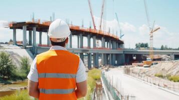 Construction worker observes progress of a highway bridge during daylight hours in a city photo