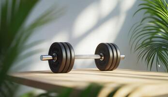 Dumbbell resting on wooden table with green plants in a light-moderated setting photo