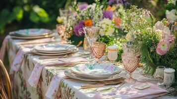 Sunlit tablescapes adorned with delicate floral arrangements, elegant glassware, and fine china. Set in lush gardens, each scene captures the charm of alfresco dining photo