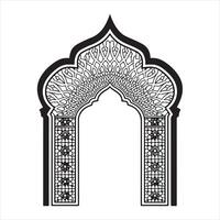 Black Islamic arch silhouette with geometric pattern and a crescent moon on top. vector