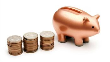 Financial strategy with coins and piggy bank home office still life photo