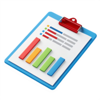 3D Isometric Clipboard with Colorful Bar Charts and Data Report png