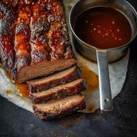 A sliced rack of ribs with sauce and a spoon photo