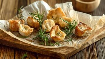 A wooden cutting board with some bread and herbs photo
