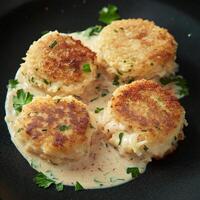 Three crab cakes are on a plate with sauce photo