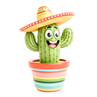 Cheerful Cartoon Cactus in Colorful Pot Wearing Sombrero - 3D Render png