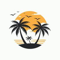 retro tropical sunset with palm trees, birds, and a vintage design. vector