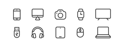 Electronic device icon set. Laptop, computer, camera, phone, headphone and more. vector