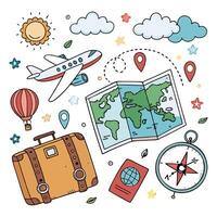 Travel icons set with a suitcase, map, compass and other items vector