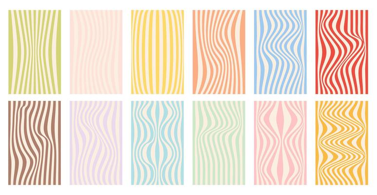 Set of groovy retro 70s backgrounds. Psychedelic pattern lines, swirl, twirl waves. Y2k aesthetic. Social media stories template, web banner.