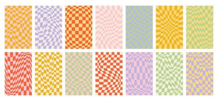 Set of groovy retro 70s backgrounds. Groovy wave psychedelic checkerboard background. Y2k aesthetic. Social media stories template, web banner. vector