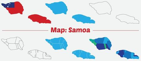 Maps of Samoa Flag, Outline, and Regional Divisions, Samoa country map set. internal provinces borders marked, Simple map of Samoa drawing. vector
