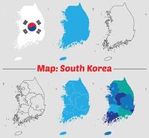 South Korea Map Flag, Political Divisions and Outlines set of political maps of South Korea with regions internal provinces borders marked, Simple map of drawing, Filled and outline. vector