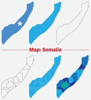 Maps of Somalia Flag, Outline, and Regional Divisions, Somalia country map set. internal provinces borders marked, Simple map of Somalia drawing. vector