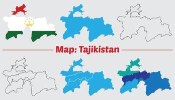 Maps of Tajikistan Flag, Outline, and Regional Divisions, Tajikistan country map set. internal provinces borders marked, Simple map of Tajikistan drawing. vector