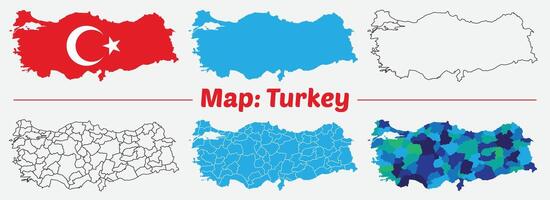 Maps of Turkey Flag, Outline, and Regional Divisions, Turkey country map set. internal provinces borders marked, Simple map of Turkey drawing. vector
