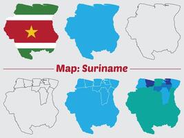 Map of Suriname with its flag Suriname country map set.internal provinces borders marked,Simple map. vector
