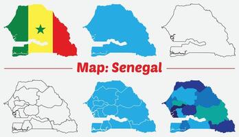 Maps of Senegal Flag, Outline, and Regional Divisions, Senegal country map set. internal provinces borders marked, Simple map of Senegal drawing. vector
