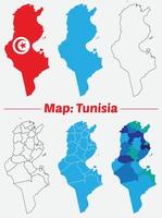 Maps of Tunisia Flag, Outline, and Regional Divisions, Tunisia country map set. internal provinces borders marked, Simple map of Tunisia drawing. vector