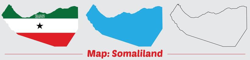Maps of Somaliland Flag, Outline, and Regional Divisions, Somaliland country map set. internal provinces borders marked, Simple map of Somaliland drawing. vector