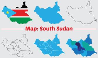 Maps of south sudan Flag, Outline, and Regional Divisions, south sudan country map set. internal provinces borders marked, Simple map of south sudan drawing. vector