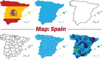 Maps of Spain Flag, Outline, and Regional Divisions, Spain country map set. internal provinces borders marked, Simple map of Spain drawing. vector
