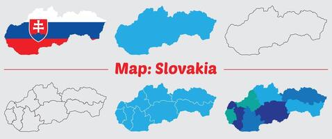 Maps of Slovakia Flag, Outline, and Regional Divisions, Slovakia country map set. internal provinces borders marked, Simple map of Slovakia drawing. vector