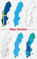 set of political maps of Sweden with regions and flag map internal provinces borders marked, Simple map of Sweden drawing, Filled and outline. vector