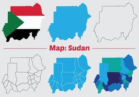 Maps of Sudan Flag, Outline, and Regional Divisions, Sudan country map set. internal provinces borders marked, Simple map of Sudan drawing. vector