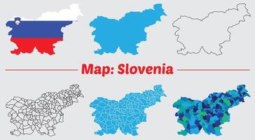 Maps of Slovenia Flag, Outline, and Regional Divisions, Slovenia country map set. internal provinces borders marked, Simple map of Slovenia drawing. vector