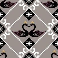 Pixel art Black Swan seamless pattern. Abstract ethnic pixel pattern. cross stitch. Aztec fabric. Design for texture, fabric, decoration, embroidery. vector