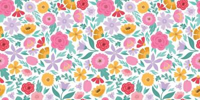 Calico floral seamless pattern, cute colorful flowers and leaves repeated wallpaper, textile prints, stationery background, wrapping paper, digital paper, etc. EPS 10 vector
