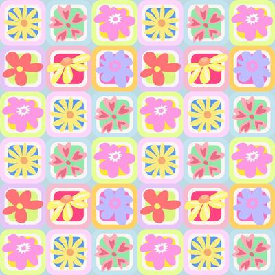 Flower set Cute y2k bright spring minimalist floral seamless pattern background print. Pastel colored checkerboard backdrop. Modern, trendy.