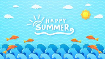 Happy Summer Background with Waves, Fish, and Sunny Sky Design vector