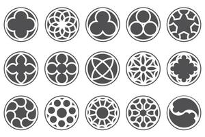Gothic circle rose window with medieval ornament. Cathedral and castle rosettes on white background. Christian architecture elements with stained glass. Radial frames set. vector