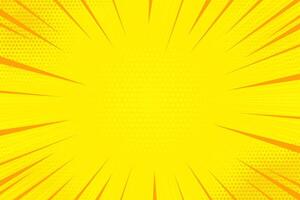 Comic yellow background with pop art cartoon rays. Sunburst light and halftone pattern texture. Retro book sunburst effect and radial explosion lines. vector