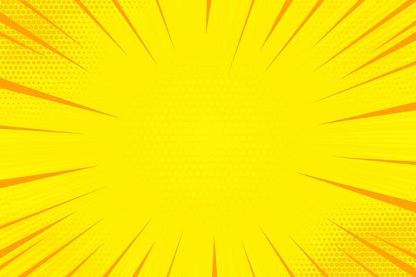 Comic yellow background with pop art cartoon rays. Sunburst light and halftone pattern texture. Retro book sunburst effect and radial explosion lines.