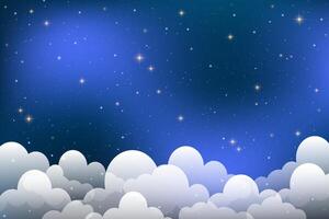 Glowing night sky filled with sparkling stars, blue gradient, and soft clouds, creating a magical celestial fantasy backdrop. cosmic illustration of outer space vector