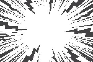 Comic background with lightning burst effect. Pixel manga graphic with flash and abstract thunder. Radial perspective monochrome beams. Energy explosion frame with electric light. vector