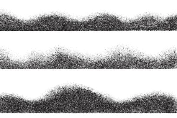 Noisy gradient wavy border. Dotted stipple effect. Grunge halftone spray gradation. Dusty mountains landscapes on white background.