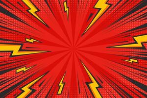 Comic cartoon background with lightnings and thunder power effect. Abstract pop art design with halftone and radial bolt energy. Explosion rays and speed lines. Retro superhero illustration. vector