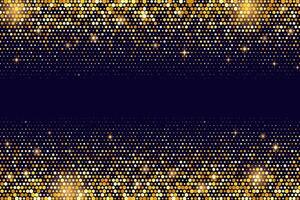 Golden glitter on black background. Pattern with dust and confetti. Halftone dotted sparkles and glowing stars. Luxury disco abstract magic border with bright sequins and shimmer. vector