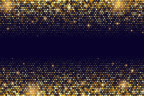 Golden glitter on black background. Pattern with dust and confetti. Halftone dotted sparkles and glowing stars. Luxury disco abstract magic border with bright sequins and shimmer.