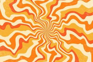 Retro sun background with pattern of groovy rays. Sunburst abstract poster with wavy psychedelic design. Vintage summer textured radial beams. Circular hypnotic vortex. vector